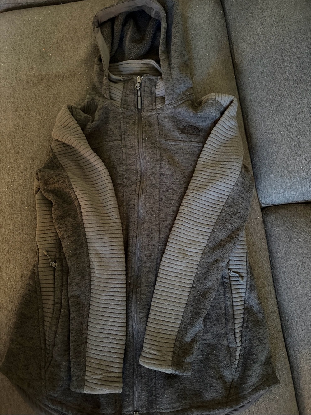The North Face Women's Gray Hooded Zip-Up Jacket with Ribbed Sleeve Panels
